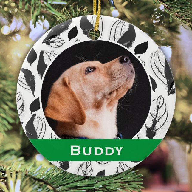 Modern Dog Pet Photo B&W Leaf Pattern Christmas Ceramic Ornament (Creator Uploaded)