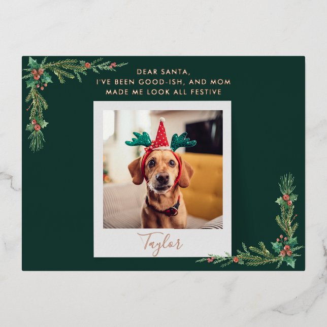 Modern Dog Photo Christmas Foil Holiday Postcard (Front)