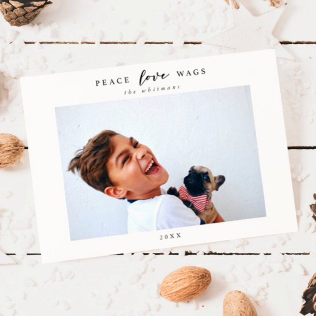 Modern Dog Photo Peace Love Wags Christmas Holiday Card (Creator Uploaded)
