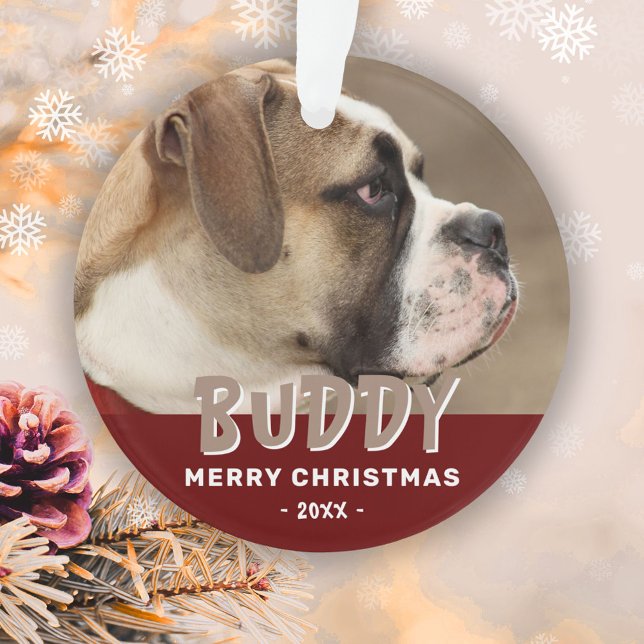Modern Dog Photo Red Merry Christmas Pet Keepsake Ornament (Creator Uploaded)