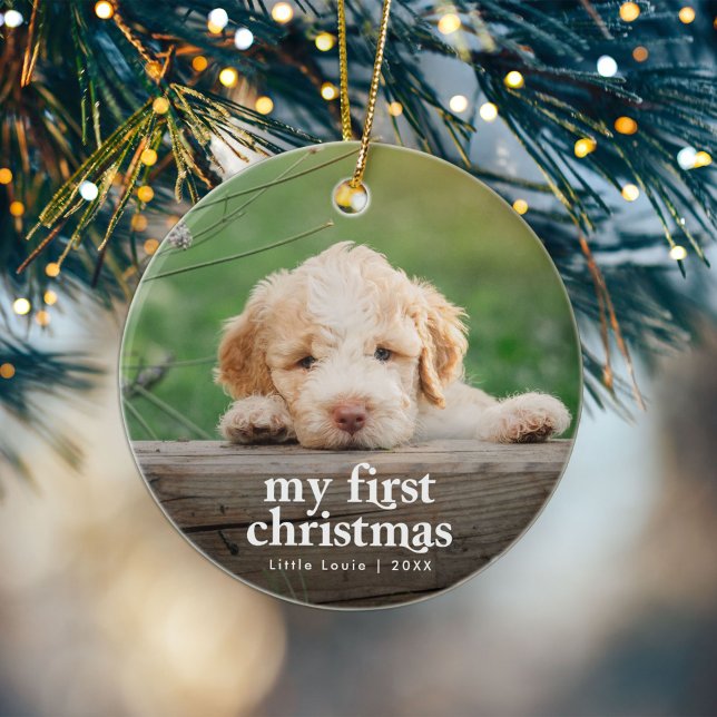 Modern Dog’s First Christmas Photo Ceramic Ornament (Creator Uploaded)