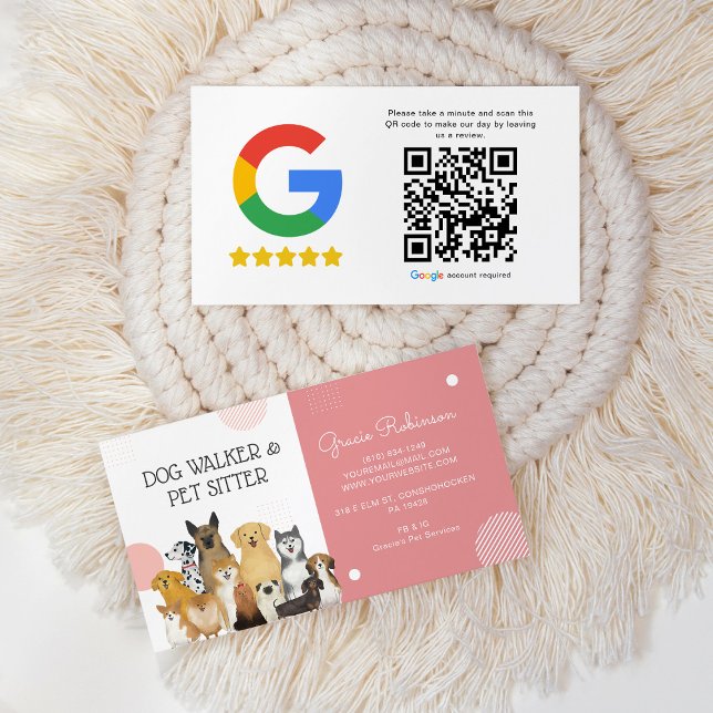 Modern Dog Walker Pet Sitter Pink QR Review Business Card (Creator Uploaded)
