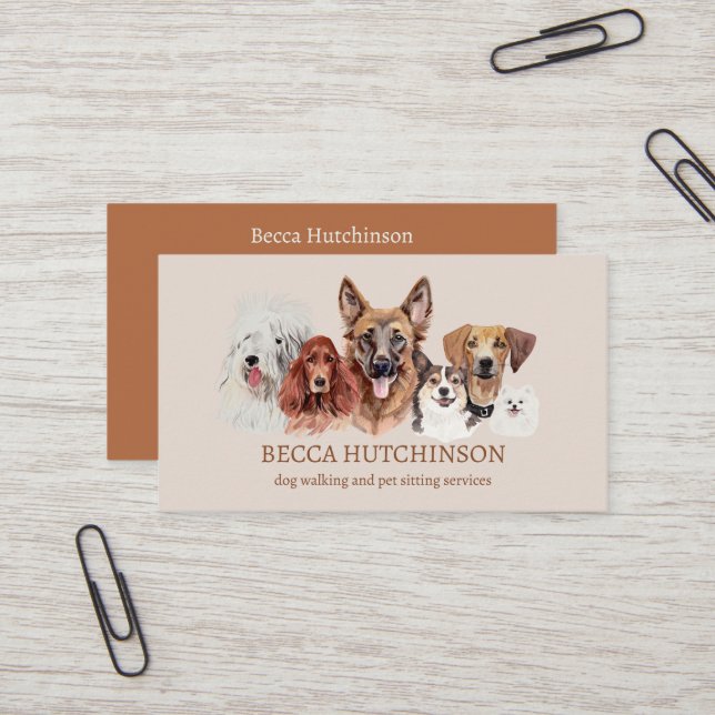 Modern Dog Walker Pet Sitter Watercolor Business Card (Front/Back In Situ)