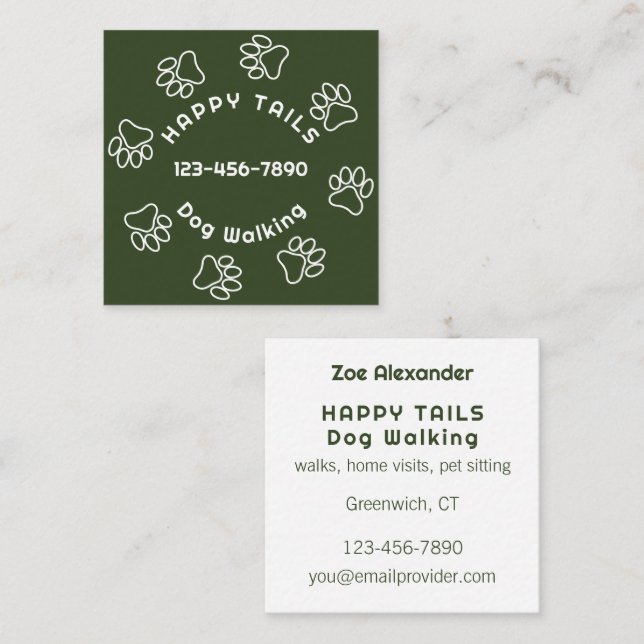 Modern Dog Walking Paw Print Circle Dark Green Square Business Card (Front/Back)