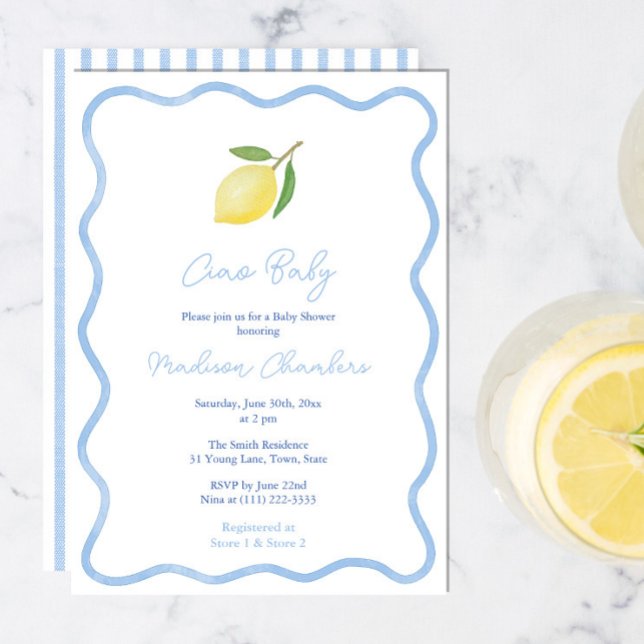 Modern Doodle Blue Border Lemon Baby Boy Shower Invitation (Ciao baby! Boho citrus baby boy shower invitations with wavy border and pale blue and white stripes)