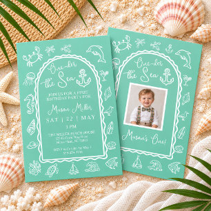 Modern Doodle Oneder the Sea Photo First Birthday Invitation