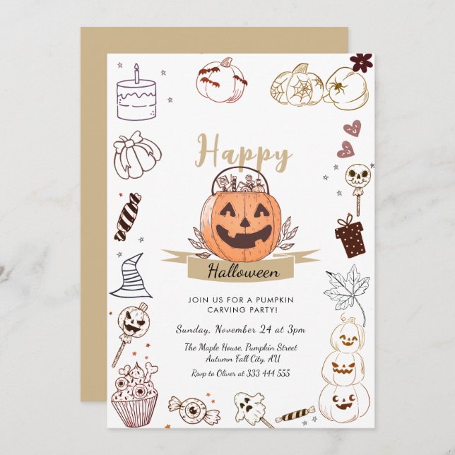 Modern Doodle Pumpkin Carving Party  Invitation (Front/Back)