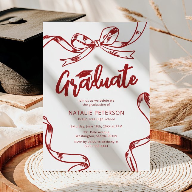 Modern Doodle Red Bow Graduation Party Invitation (Creator Uploaded)
