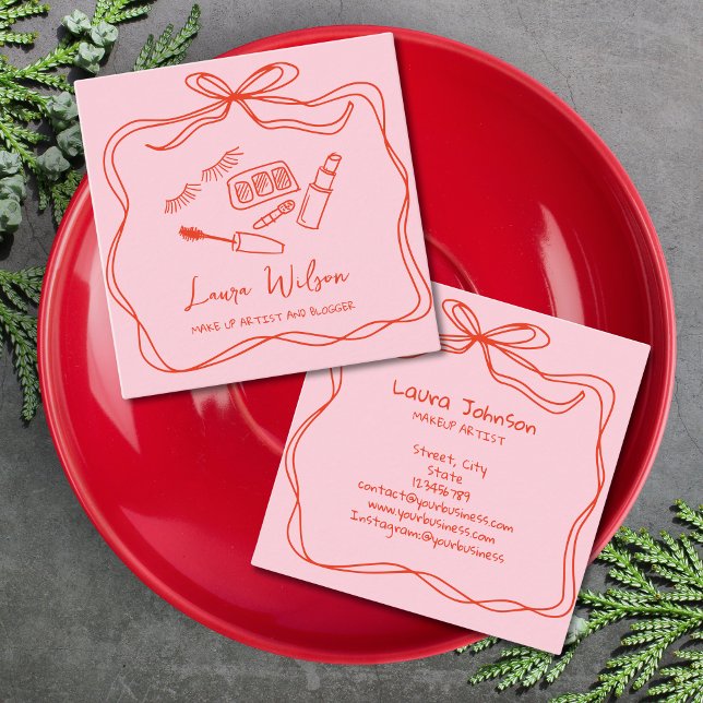 Modern Doodle Whimsical Makeup Artist Red Pink Bow Square Business Card (red pink bow with doodle makeup)