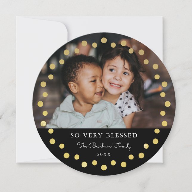 Modern Dots Frame Ornament Gold Black 2 Photo Holiday Card (Front)