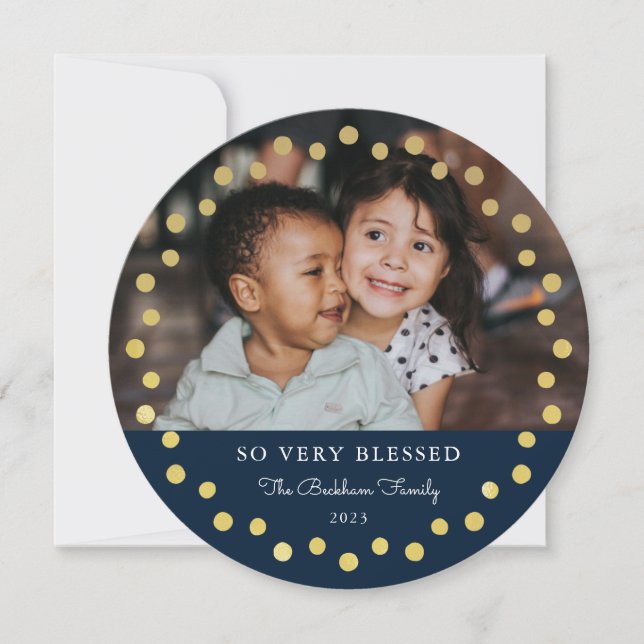 Modern Dots Frame Ornament Gold Navy 2 Photo Holiday Card (Front)