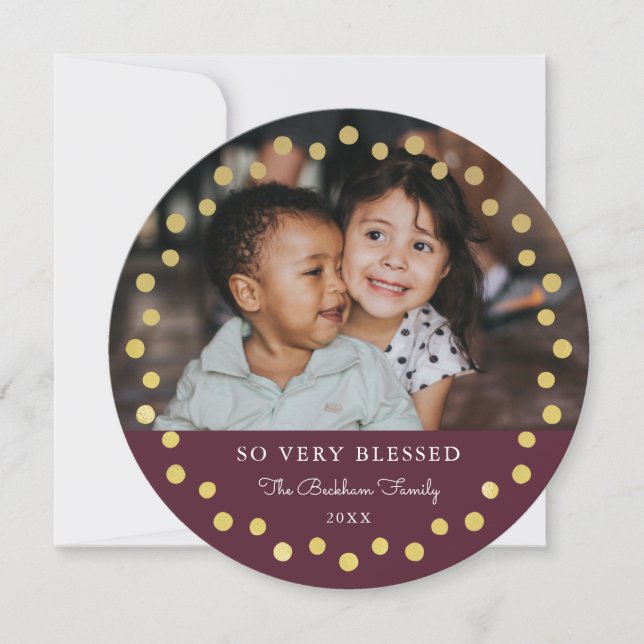 Modern Dots Frame Ornament Gold Plum 2 Photo Holiday Card (Front)