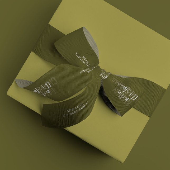 Modern Double Merry Christmas Green Customisable Satin Ribbon (Green personalized family name Merry Christmas holiday ribbon)