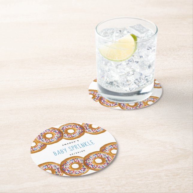 Modern Doughnut Boys Baby Shower Sprinkle Round Paper Coaster (Insitu)