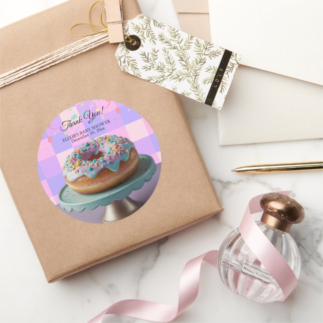 Modern Doughnut Sprinkles Chequered Baby Shower Classic Round Sticker (Gifting)
