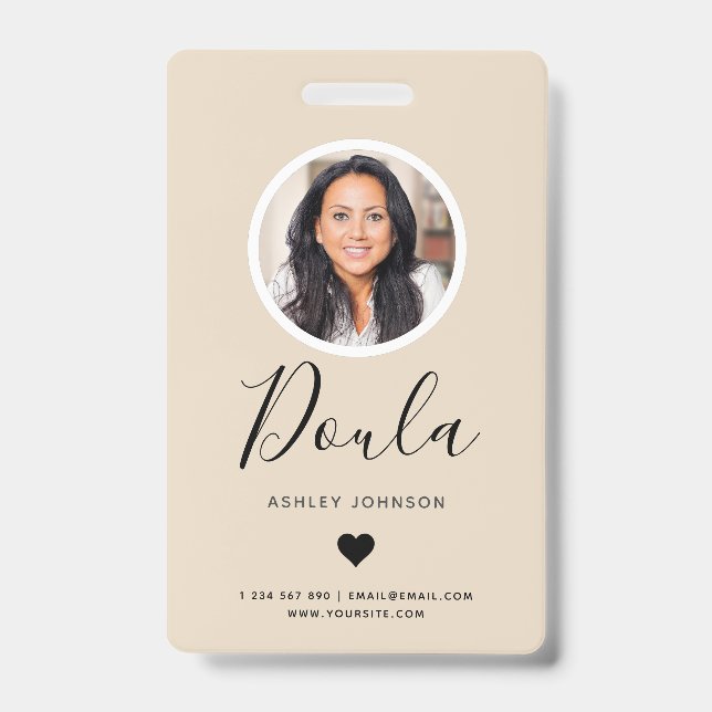 Modern Doula Midwife Add Your Photo Cream Beige  ID Badge (Front)