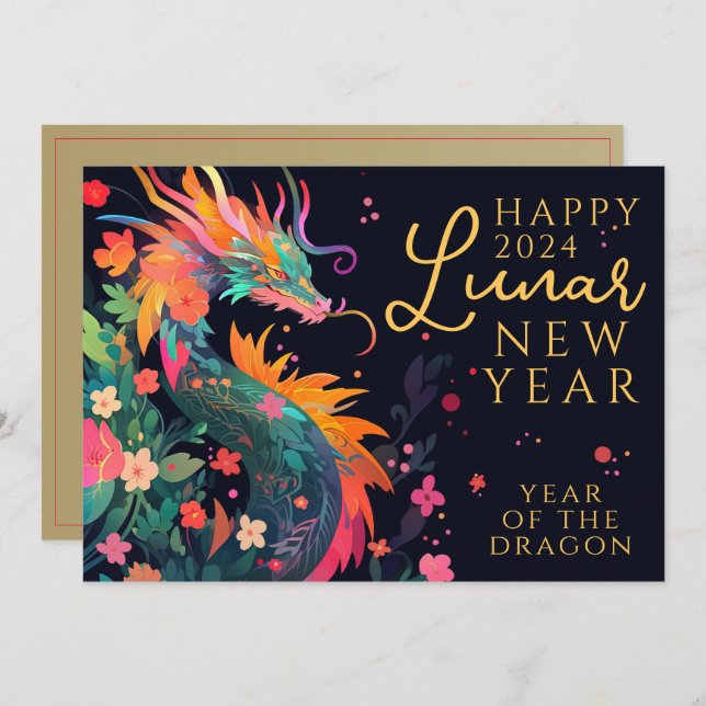 Modern Dragon Chinese Lunar New Year Floral Holiday Card (Front/Back)