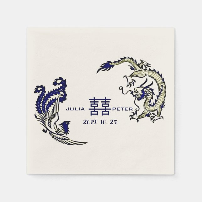 Modern Dragon-Phoenix Personalised Chinese Wedding Napkin (Front)