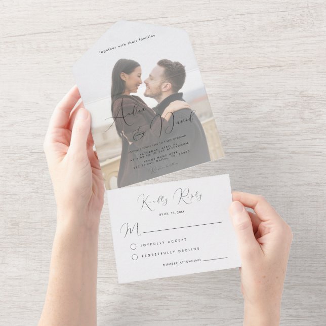 Modern Dramatic Script & Fading Photo Wedding All In One Invitation (Tearaway)