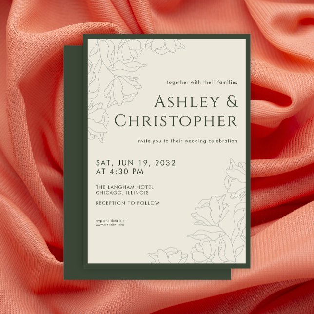 Modern Drawn Floral Dark Moss Green Wedding Invitation (Creator Uploaded)