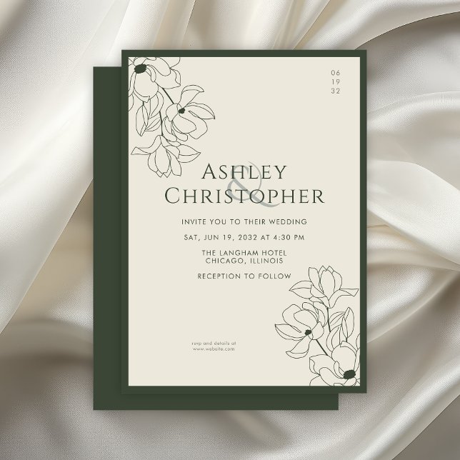 Modern Drawn Floral Dark Moss Green Wedding Invitation (Creator Uploaded)