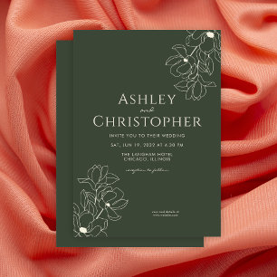 Modern Drawn Floral Dark Moss Green Wedding Invitation
