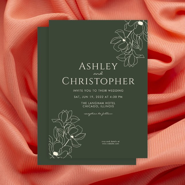 Modern Drawn Floral Dark Moss Green Wedding Invitation (Creator Uploaded)