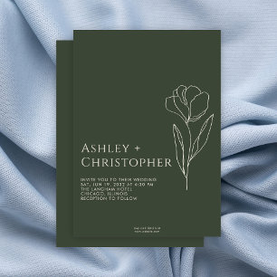 Modern Drawn Floral Dark Moss Green Wedding Invitation