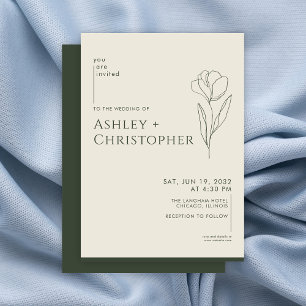 Modern Drawn Floral Dark Moss Green Wedding Invitation