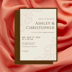 Modern Drawn Floral Golden Brown Wedding Invitation