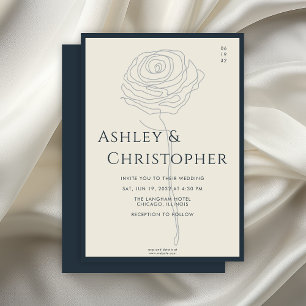 Modern Drawn Floral Navy Blue Wedding Invitation