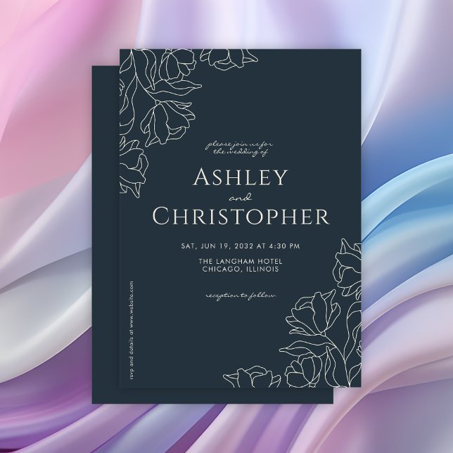 Modern Drawn Floral Navy Blue Wedding Invitation (Creator Uploaded)