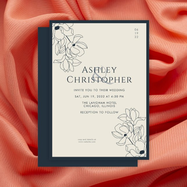 Modern Drawn Floral Navy Blue Wedding Invitation (Creator Uploaded)