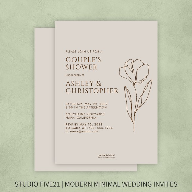Modern Drawn Floral Walnut Brown Wedding Shower Invitation (Creator Uploaded)