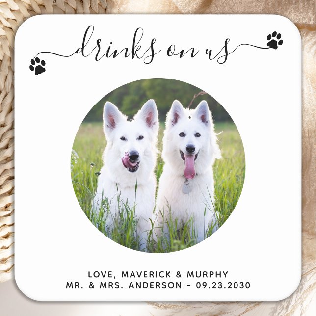 Modern Drinks On Us Personalised Photo Pet Wedding Square Paper Coaster (Creator Uploaded)