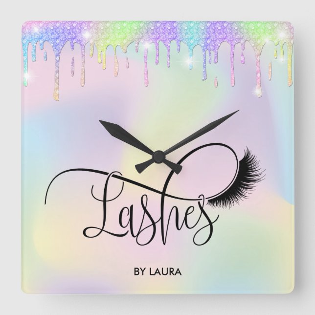 Modern Dripping Holograph Foil Lashes Eyes Square Wall Clock (Front)