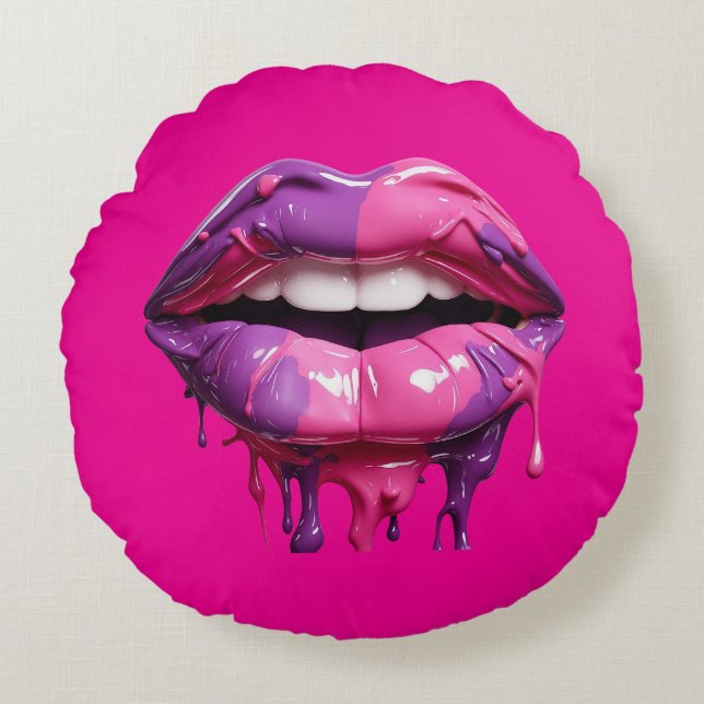 Modern Dripping Lips Art – Bold Pink & Purple Round Cushion (Front)
