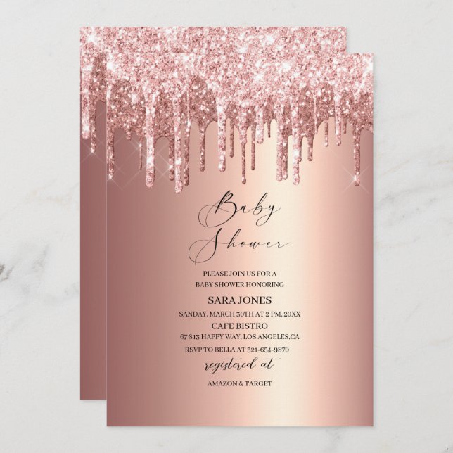 Modern Dripping Rose Gold   Baby Shower Invitation (Front/Back)