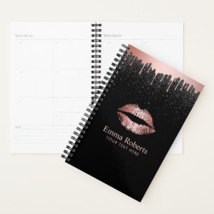 Modern Dripping Rose Gold Lips Black Glitter Planner