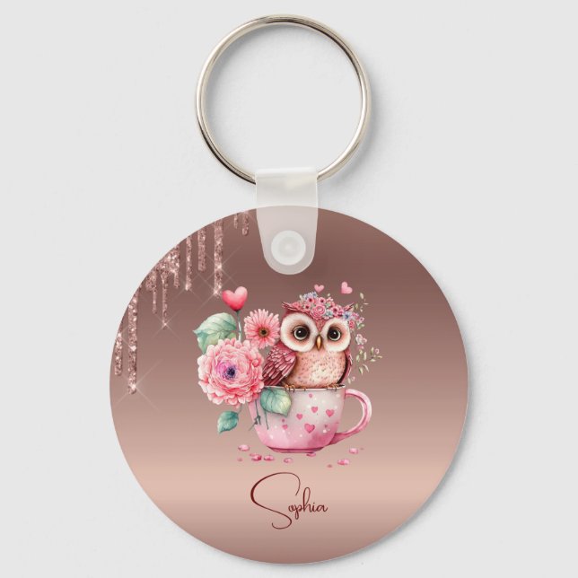 Modern Dripping Rose Gold Monogram Personalized Ow Key Ring (Front)