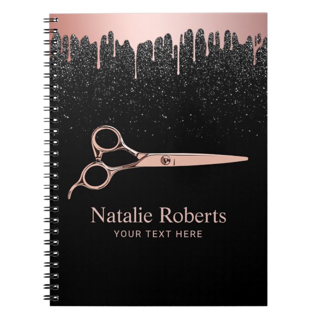 Modern Dripping Rose Gold Scissor Black Glitter Notebook (Front)