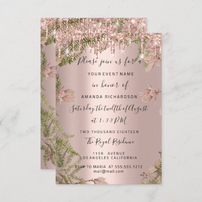 Modern Drips  Rose Gold  Bridal Wedding Floral Invitation (Front/Back)