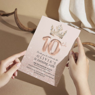Modern Drips Rose Gold Crown 10th Birthday Party Invitation