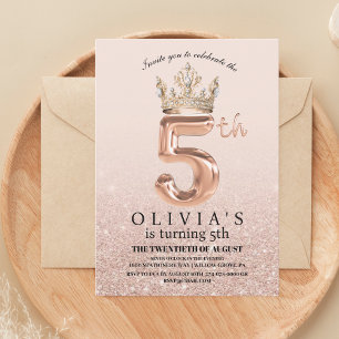 Modern Drips Rose Gold Crown 5th Birthday Party Invitation