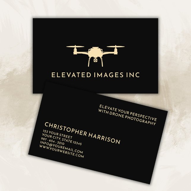 Modern Drone Operator Photography Black Gold Business Card (Colors can be changed to your business brand colors.)