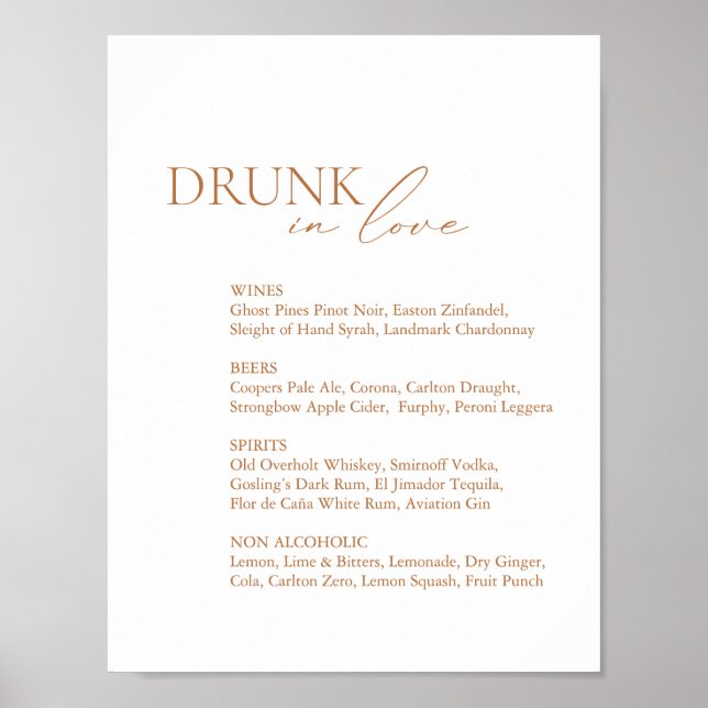 Modern Drunk In Love Bar Menu Wedding Sign (Front)