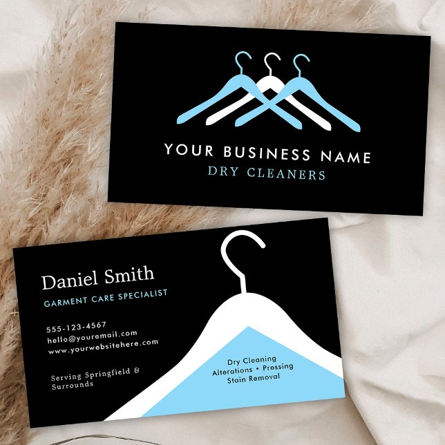 Modern Dry Cleaning Laundry Hanger Black & Blue Business Card (Professional sry cleaners business cards in black and blue)