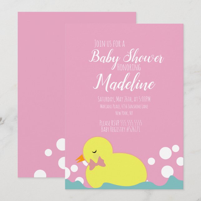 Modern  Ducks Yellow Pink Girl Baby Shower  Invitation (Front/Back)