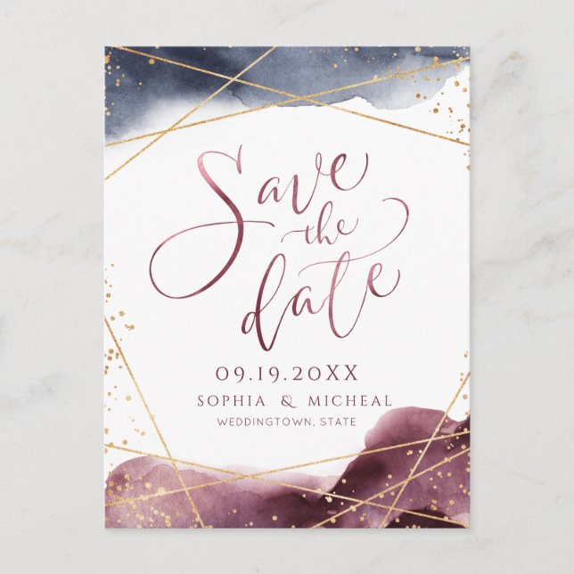 Modern Dusk Watercolor Geometric save the date Postcard (Front)