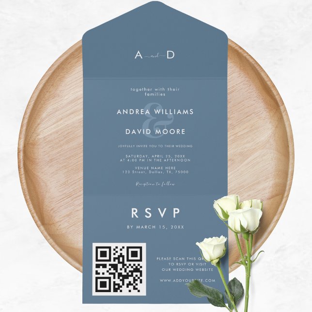 Modern Dusky Blue Ampersand & QR Code RSVP Wedding All In One Invitation (Creator Uploaded)